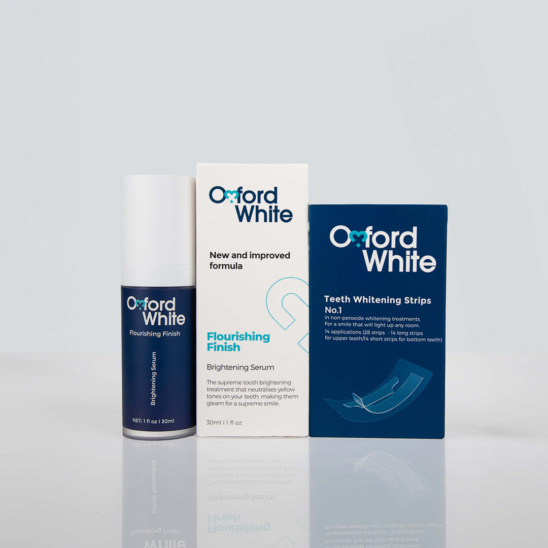Advanced whitening strips and Flourishing Finish serum for sensitive teeth