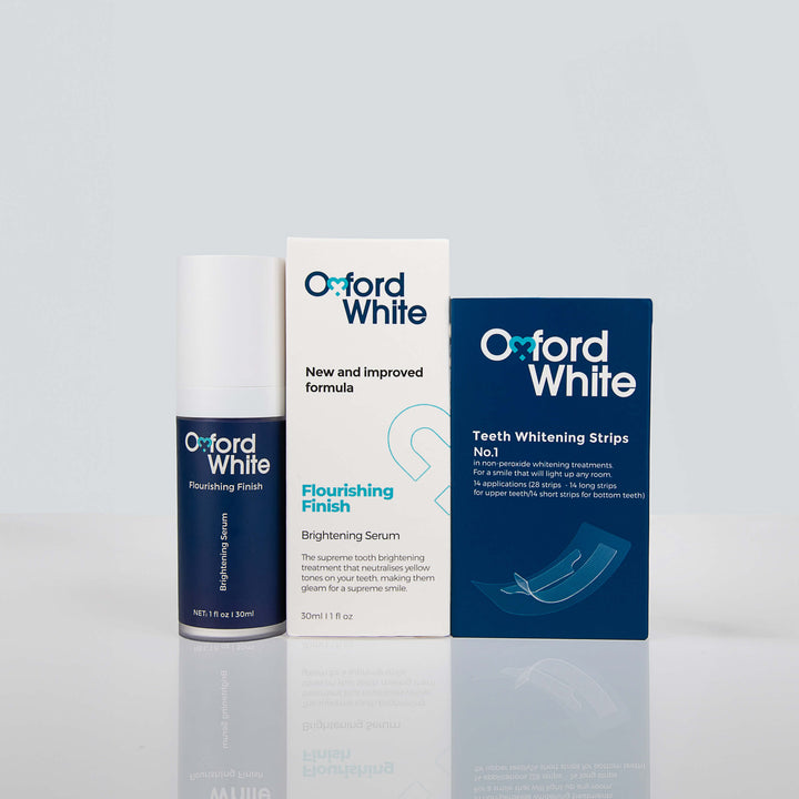 Advanced whitening strips and Flourishing Finish serum for sensitive teeth